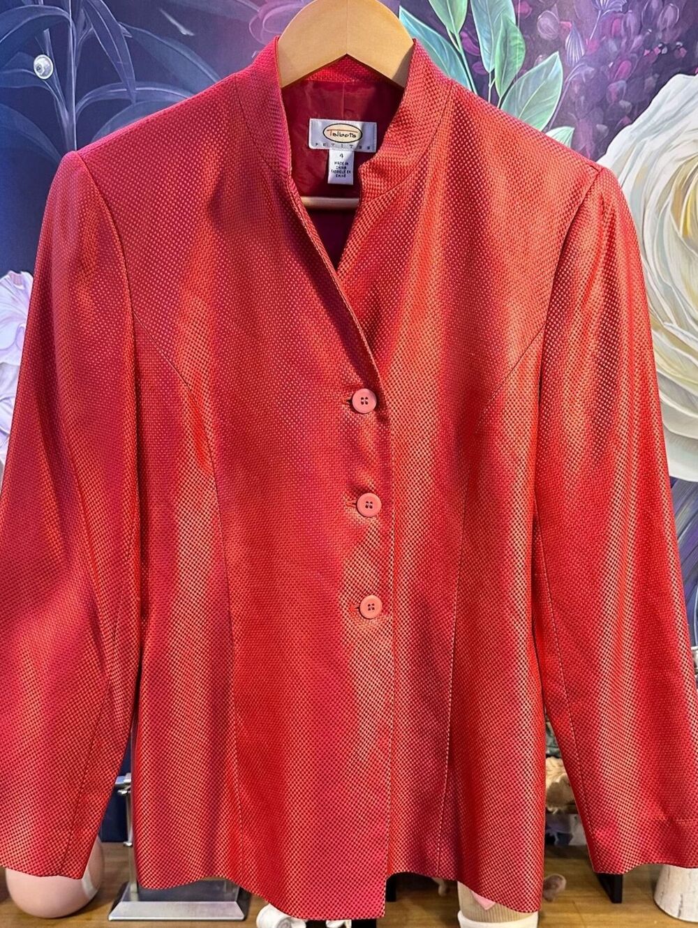 Talbots 4 Petite Jacket Red Textured Silk Wool Cotton Button Front Long Sleeve